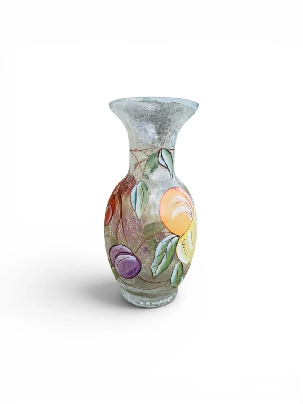 American Atelier Fifth Avenue Crystal Ltd Handpainted Fruit Crackle Glass Vase
